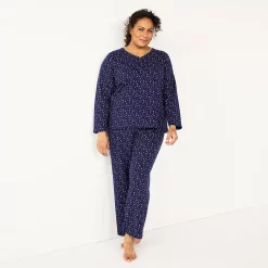Plus Size Croft & Barrow® Textured Knit Henley Long Sleeve Pajama Top & Pajama Pants Sleep Set