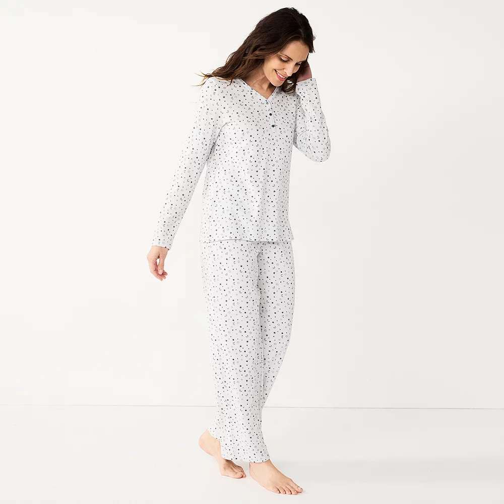 Petite Croft & Barrow® Textured Knit Henley Long Sleeve Pajama Top & Pajama Pants Set - Image 2