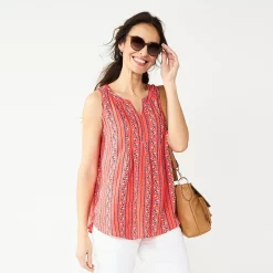 Petite Croft & Barrow® Pintuck Splitneck Sleeveless Top