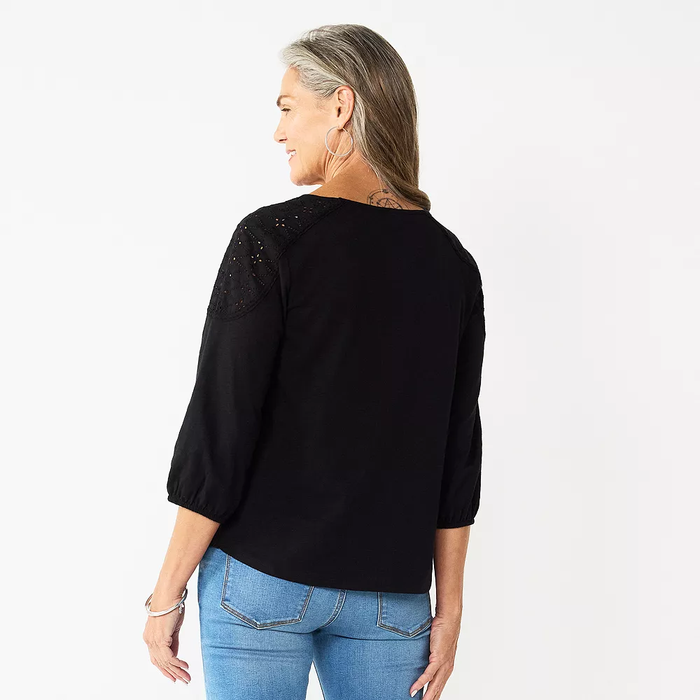 Women's Croft & Barrow® Three Quarter Sleeve Eyelet Yoke Top - Image 5