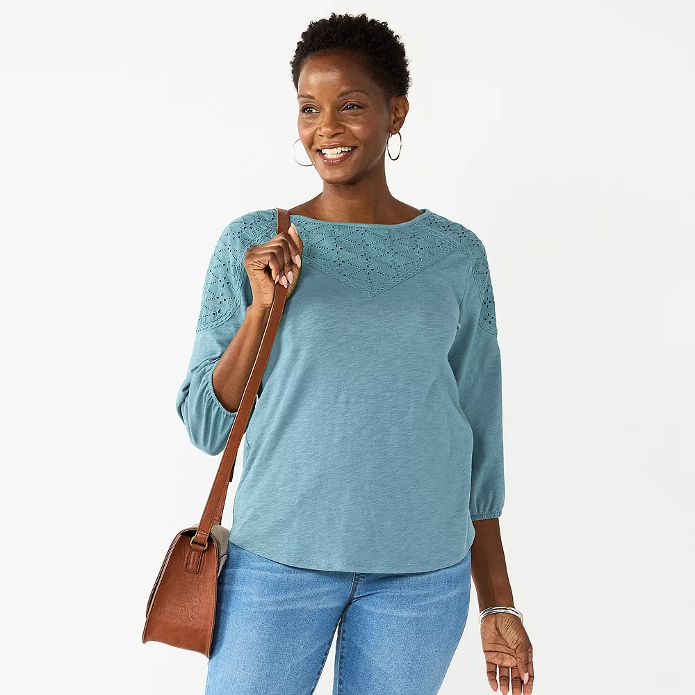 Women's Croft & Barrow® Three Quarter Sleeve Eyelet Yoke Top - Image 2
