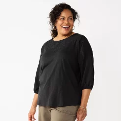 Plus Size Croft & Barrow® Three Quarter Sleeve Lace Yoke Top