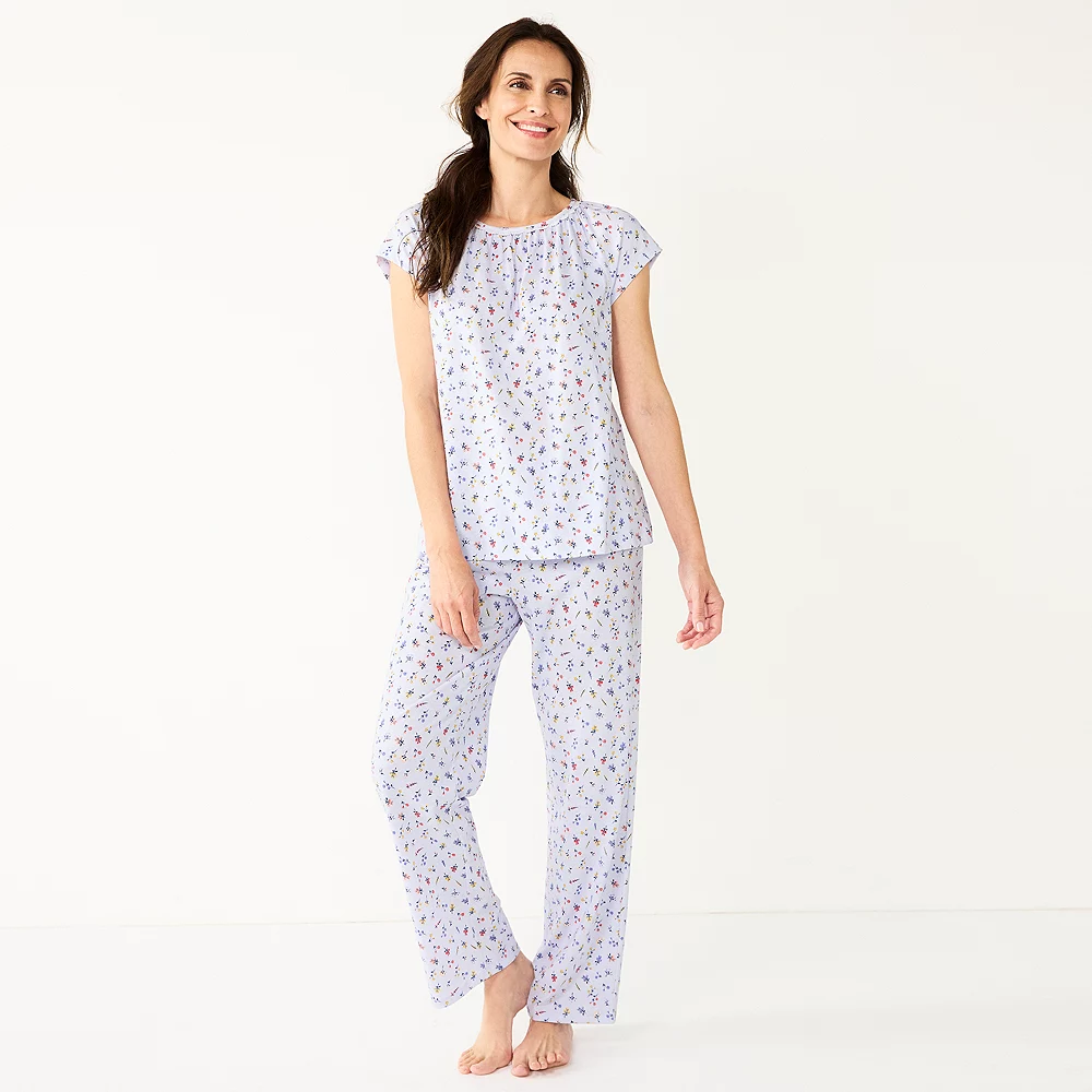 Petite Croft & Barrow® Short Sleeve Pajama Top & Pajama Pants Cotton Sleep Set - Image 2