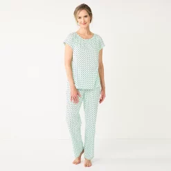 Petite Croft & Barrow® Short Sleeve Pajama Top & Pajama Pants Cotton Sleep Set