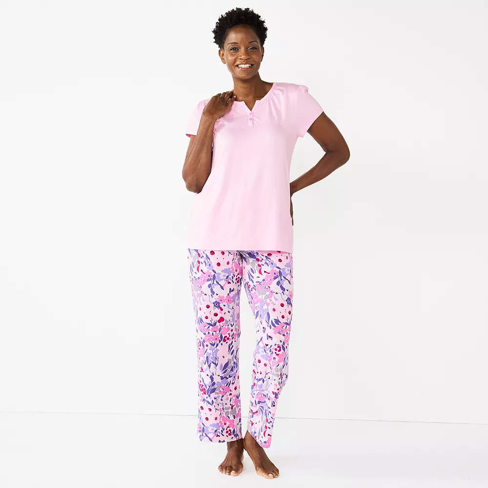 Petite Croft & Barrow® Short Sleeve Henley Pajama Top & Pajama Pants Sleep Set - Image 3
